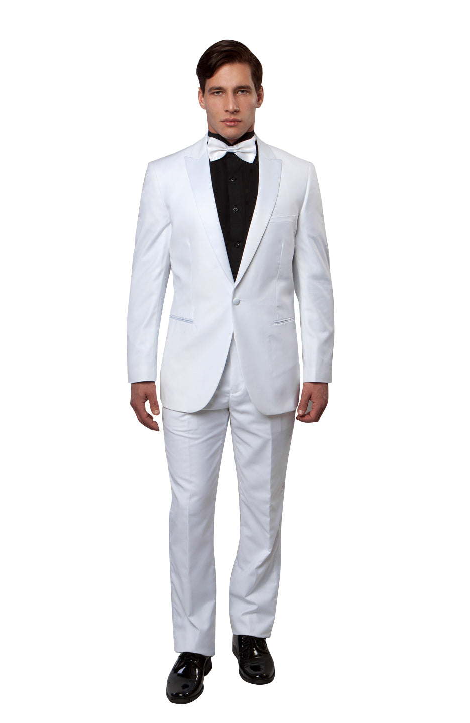 White / White Satin Bryan Michaels Peak Lapel Tuxedo Solid Slim Fit Prom Tuxedo For Men MT182S-02 - Hattitude