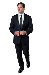 Thumbnail for Navy / Black Satin Bryan Michaels Peak Lapel Tuxedo Solid Slim Fit Prom Tuxedo For Men MT182S-04 - Hattitude