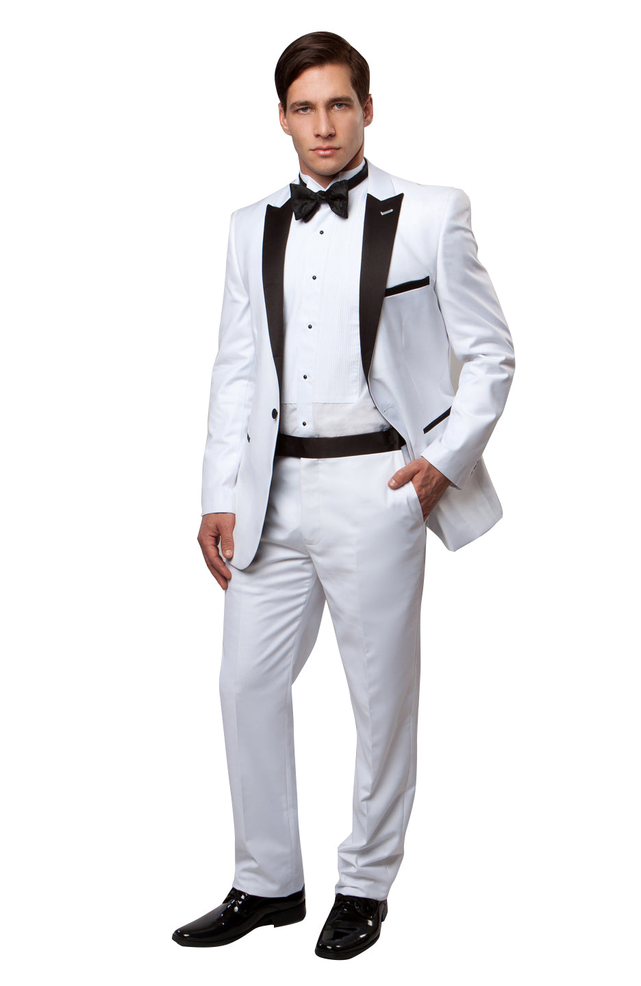 White / Black Satin Bryan Michaels Peak Lapel Tuxedo Solid Slim Fit Prom Tuxedo For Men MT182S-05 - Hattitude