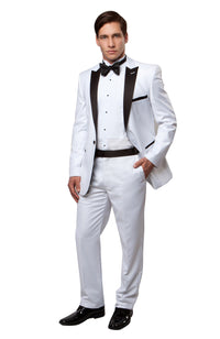 Thumbnail for White / Black Satin Bryan Michaels Peak Lapel Tuxedo Solid Slim Fit Prom Tuxedo For Men MT182S-05 - Hattitude
