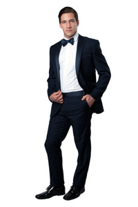 Thumbnail for Navy / Navy Satin Bryan Michaels Satin Peak Lapel With Trim Tuxedo Solid Slim Fit Prom Tuxedo For Men MT187S-02 - Hattitude