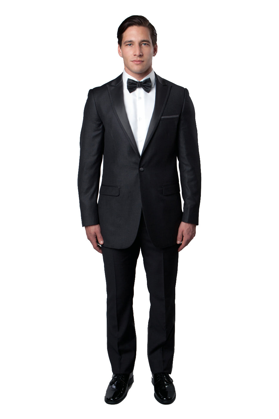 Charcoal Grey / Charcoal Grey Bryan Michaels Satin Peak Lapel With Trim Tuxedo Solid Slim Fit Prom Tuxedo For Men MT187S-03 - Hattitude
