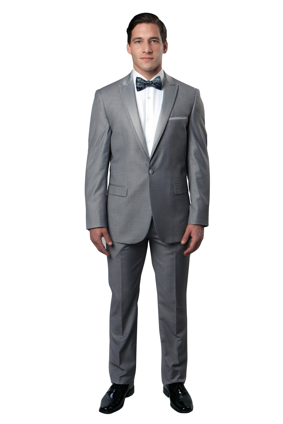 Grey / Grey Satin Bryan Michaels Satin Peak Lapel With Trim Tuxedo Solid Slim Fit Prom Tuxedo For Men MT187S-04 - Hattitude