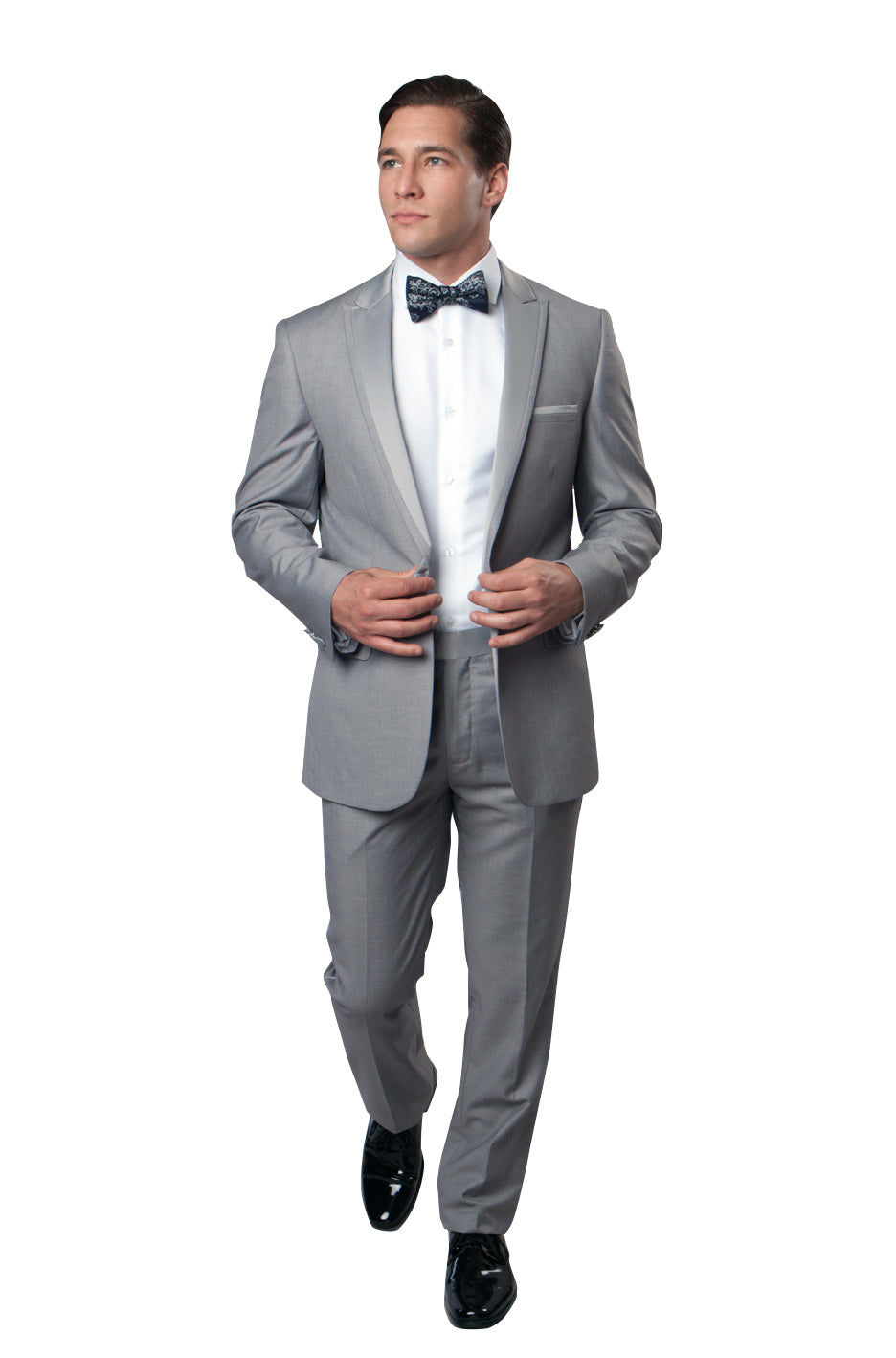 Light Grey / Light Grey Satin Bryan Michaels Satin Peak Lapel With Trim Tuxedo Solid Slim Fit Prom Tuxedo For Men MT187S-05 - Hattitude