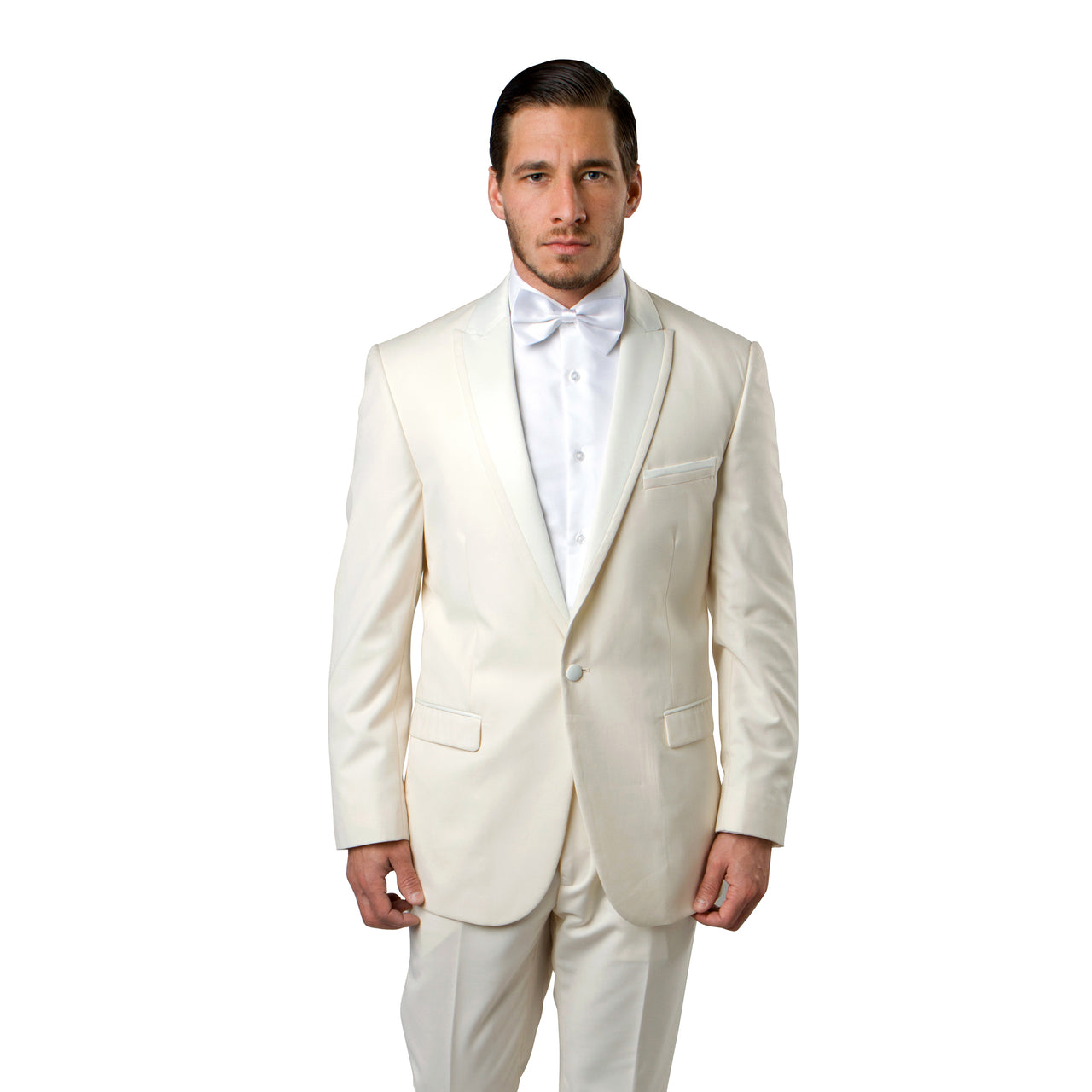 Off-White / Off-White Satin Bryan Michaels Satin Peak Lapel With Trim Tuxedo Solid Slim Fit Prom Tuxedo For Men MT187S-07 - Hattitude