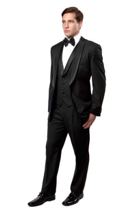 Thumbnail for Black / Black Satin Bryan Michaels Shawl Collar Trim/ Peak Lapel Tuxedo Solid Slim Fit Prom Tuxedo For Men MT239S-00 - Hattitude