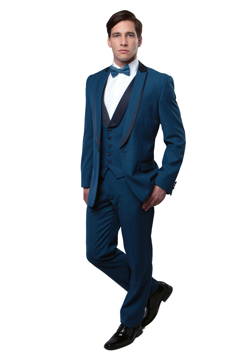 Blue / Blue Satin Bryan Michaels Shawl Collar Trim/ Peak Lapel Tuxedo Solid Slim Fit Prom Tuxedo For Men MT239S-02 - Hattitude