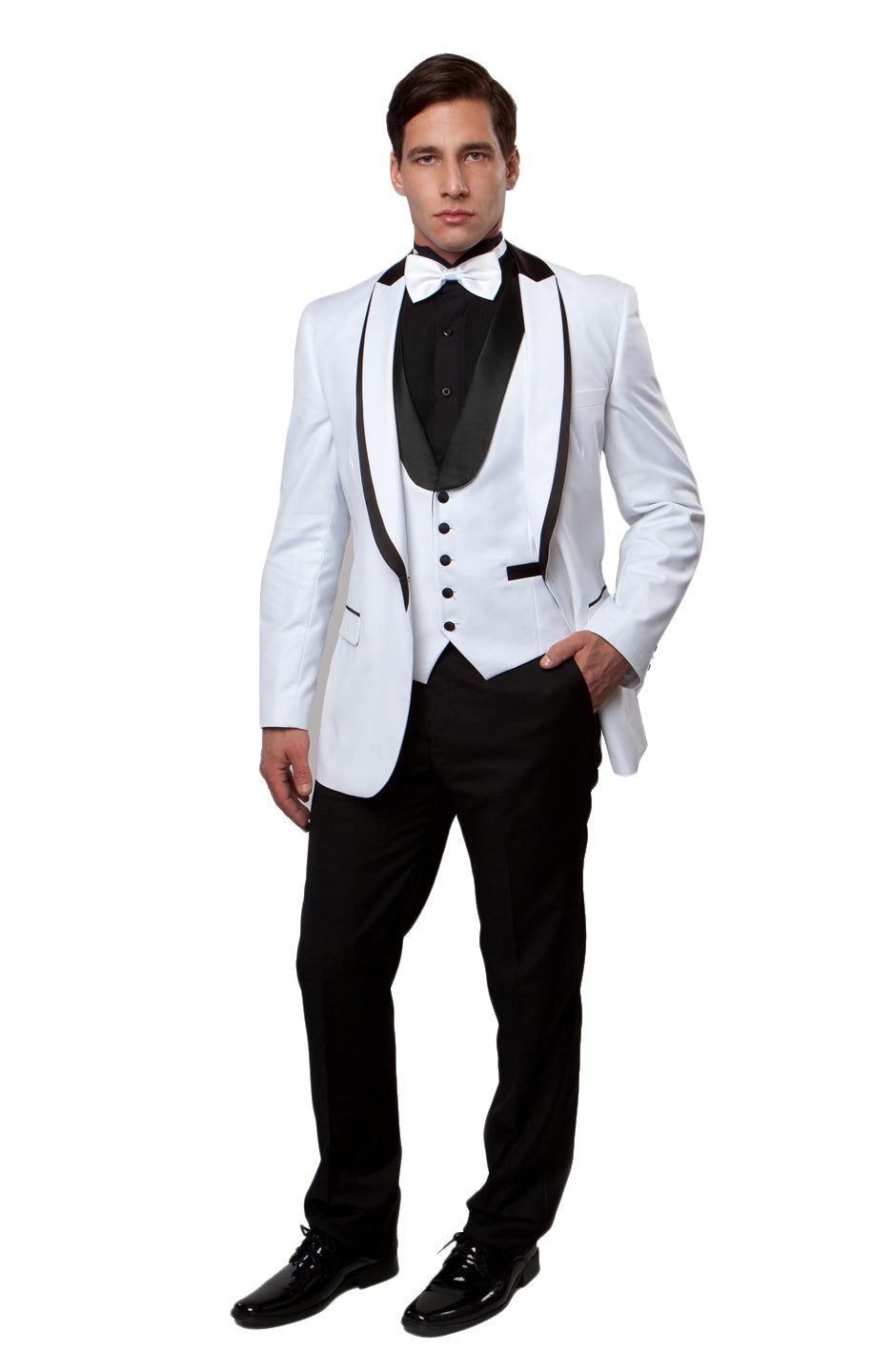 White / Black Satin Bryan Michaels Shawl Collar Trim/ Peak Lapel Tuxedo Solid Slim Fit Prom Tuxedo For Men MT239S-03 - Hattitude