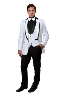 Thumbnail for White / Black Satin Bryan Michaels Shawl Collar Trim/ Peak Lapel Tuxedo Solid Slim Fit Prom Tuxedo For Men MT239S-03 - Hattitude