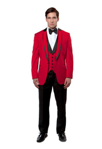Thumbnail for Red / Black Satin Bryan Michaels Shawl Collar Trim/ Peak Lapel Tuxedo Solid Slim Fit Prom Tuxedo For Men MT239S-04 - Hattitude