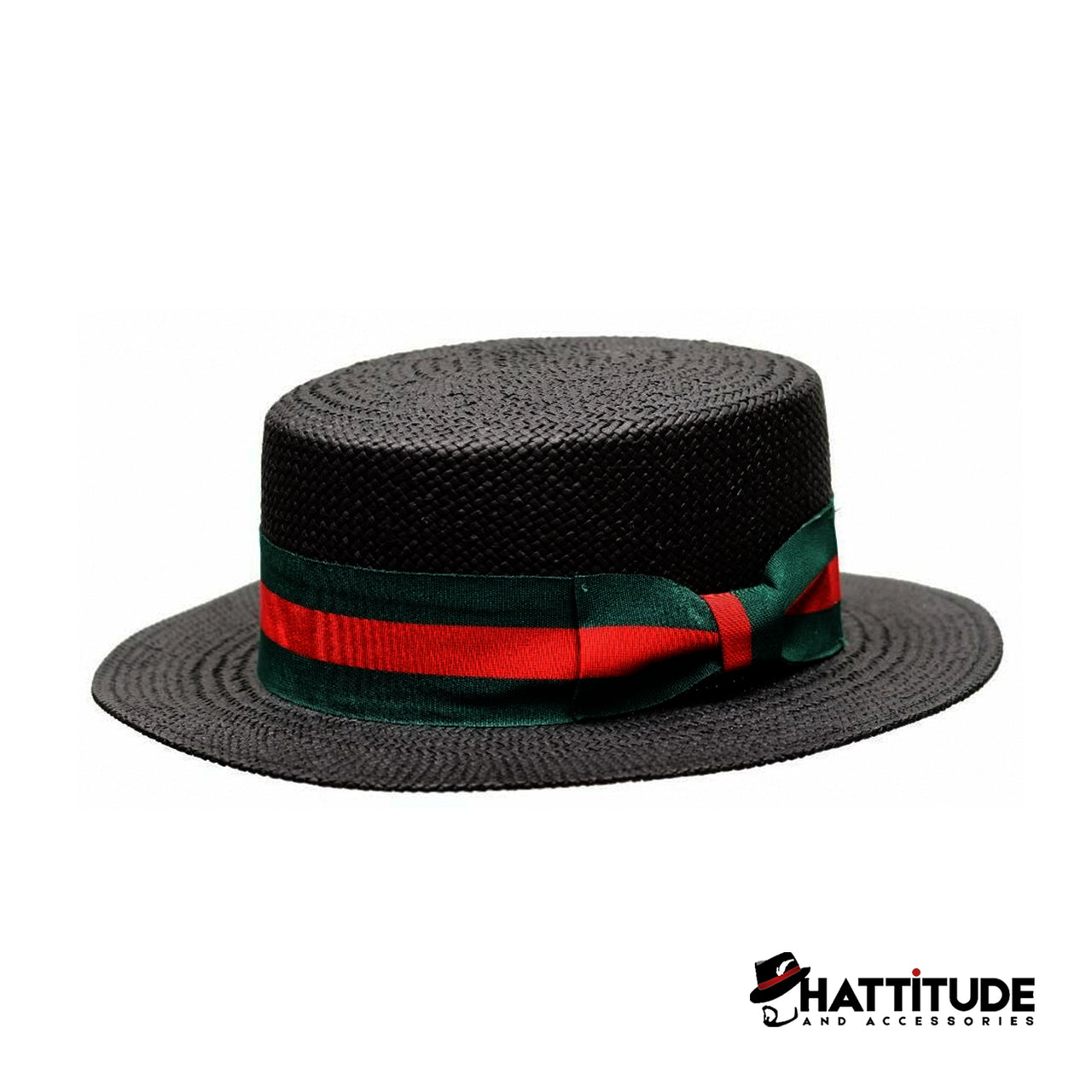 Boater Collection Black (Green-Red Band) - Hattitude