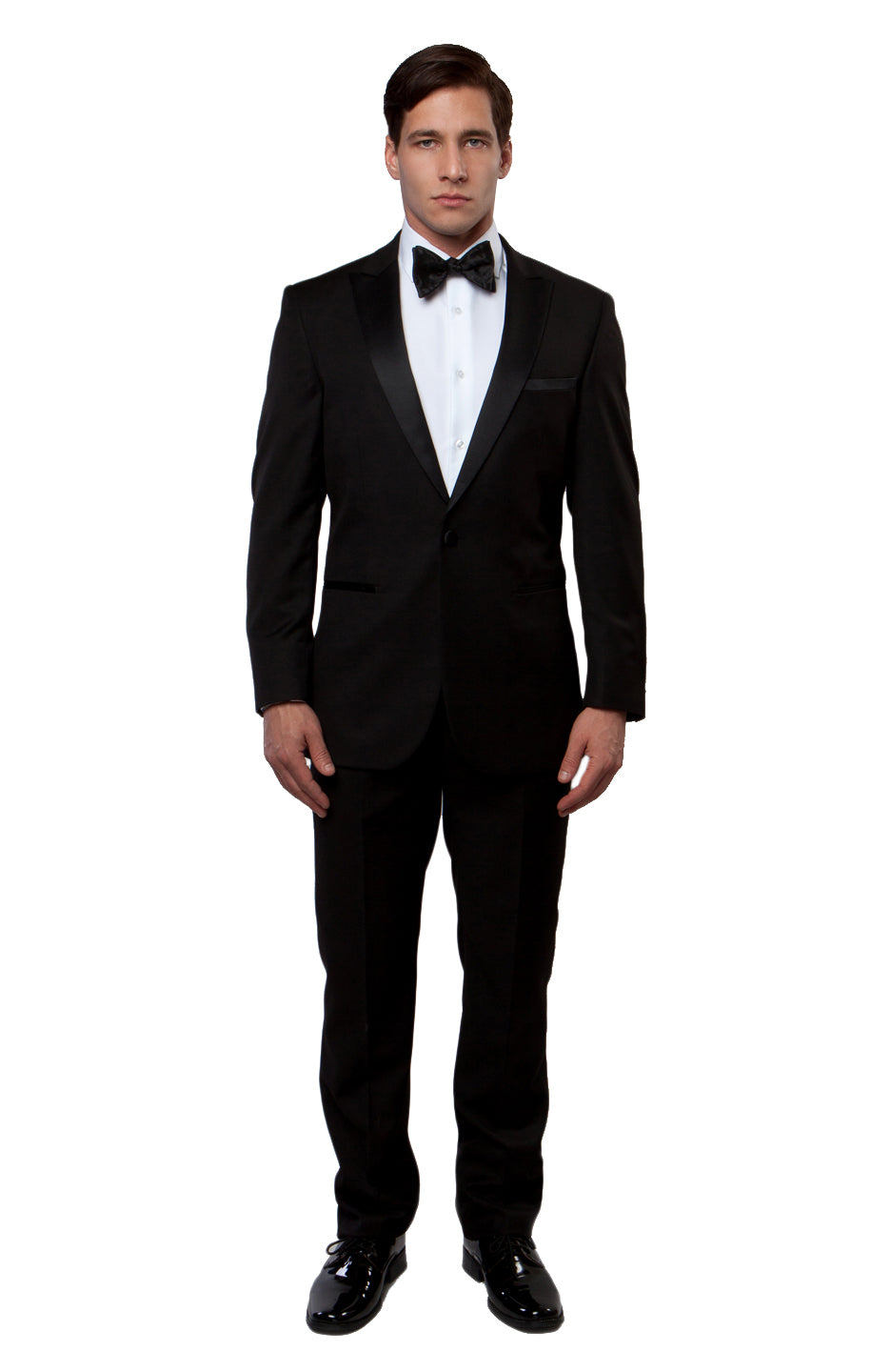 Black / Black Satin Bryan Michaels Peak Lapel Tuxedo Solid Slim Fit Prom Tuxedo For Men MT182S-01 - Hattitude