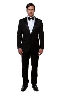 Thumbnail for Black / Black Satin Bryan Michaels Peak Lapel Tuxedo Solid Slim Fit Prom Tuxedo For Men MT182S-01 - Hattitude