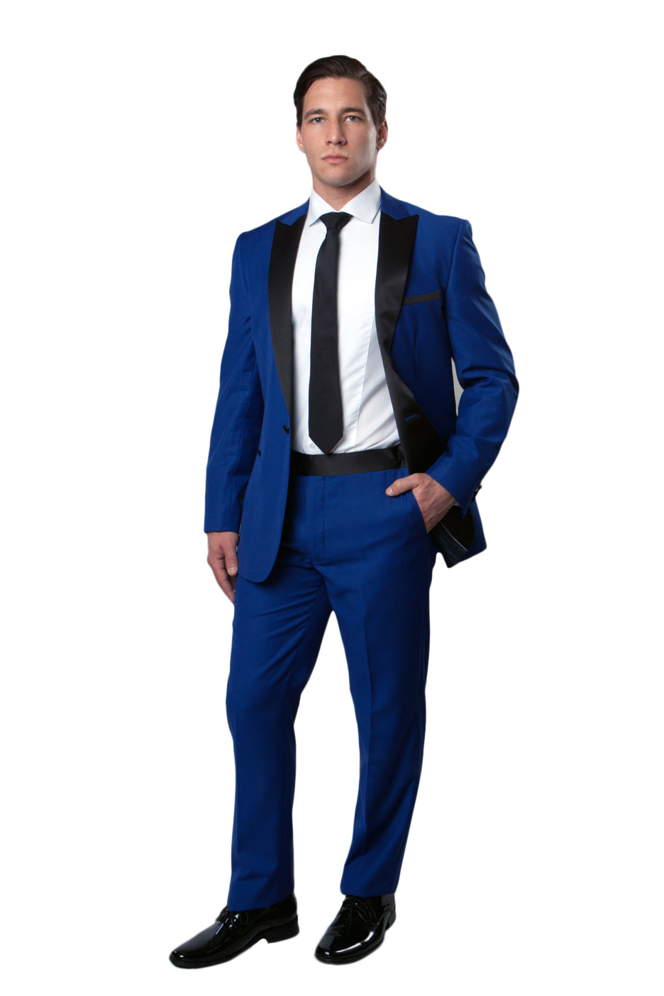 Blue / Black Satin Bryan Michaels Peak Lapel Tuxedo Solid Slim Fit Prom Tuxedo For Men MT182S-03 - Hattitude