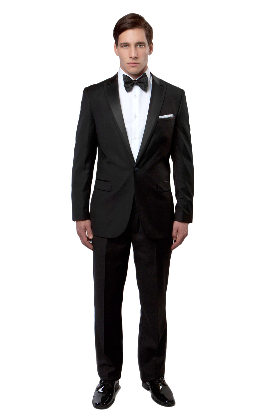 Black / Black Satin Bryan Michaels Satin Peak Lapel With Trim Tuxedo Solid Slim Fit Prom Tuxedo For Men MT187S-01 - Hattitude