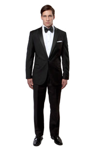 Thumbnail for Black / Black Satin Bryan Michaels Satin Peak Lapel With Trim Tuxedo Solid Slim Fit Prom Tuxedo For Men MT187S-01 - Hattitude