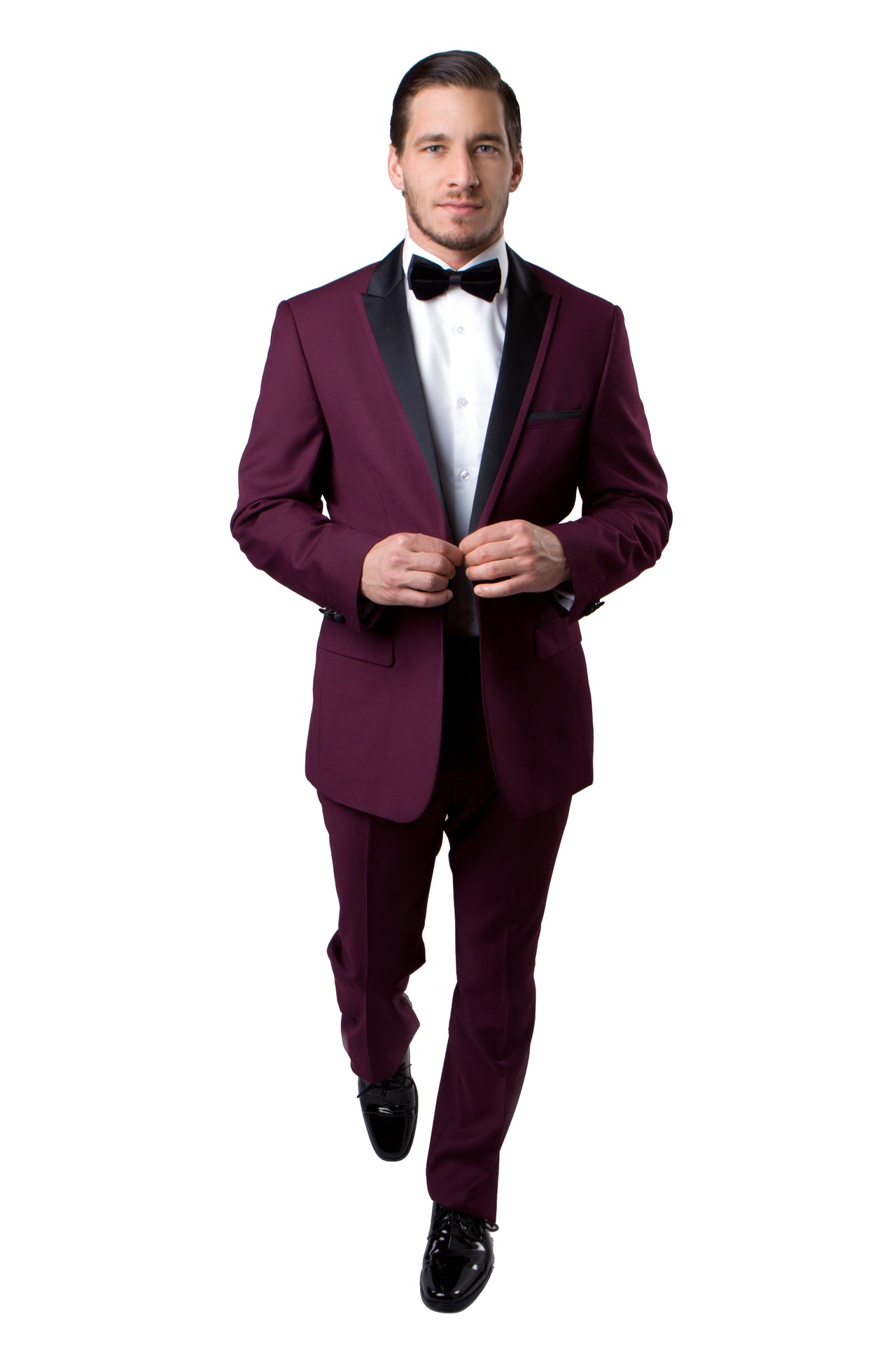 Burgundy / Black Satin Bryan Michaels Satin Peak Lapel With Trim Tuxedo Solid Slim Fit Prom Tuxedo For Men MT187S-08 - Hattitude