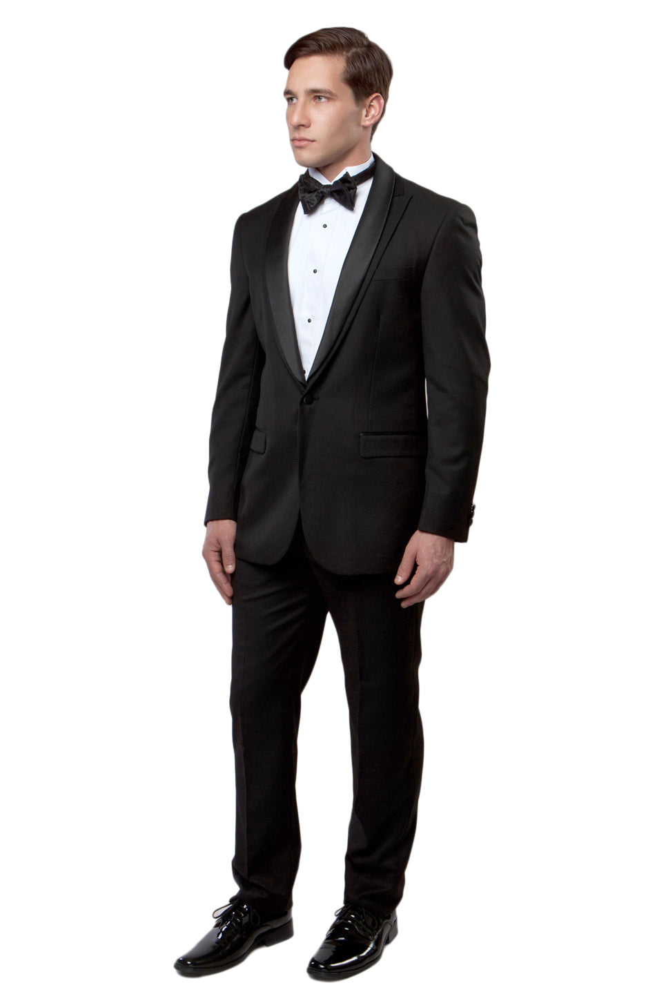 Black / Black Satin Bryan Michaels Peak Lapel Trim/Satin Shawl Collar Tuxedo Solid Slim Fit Prom Tuxedo For Men MT188S-01 - Hattitude