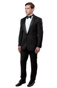 Thumbnail for Black / Black Satin Bryan Michaels Peak Lapel Trim/Satin Shawl Collar Tuxedo Solid Slim Fit Prom Tuxedo For Men MT188S-01 - Hattitude