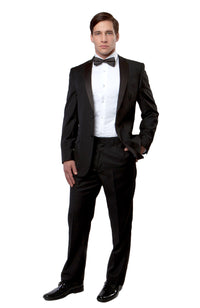 Thumbnail for Black / Black Satin Bryan Michaels Solid Notch Lapel Tuxedo Solid Slim Fit Prom Tuxedo For Men MT202S-01 - Hattitude