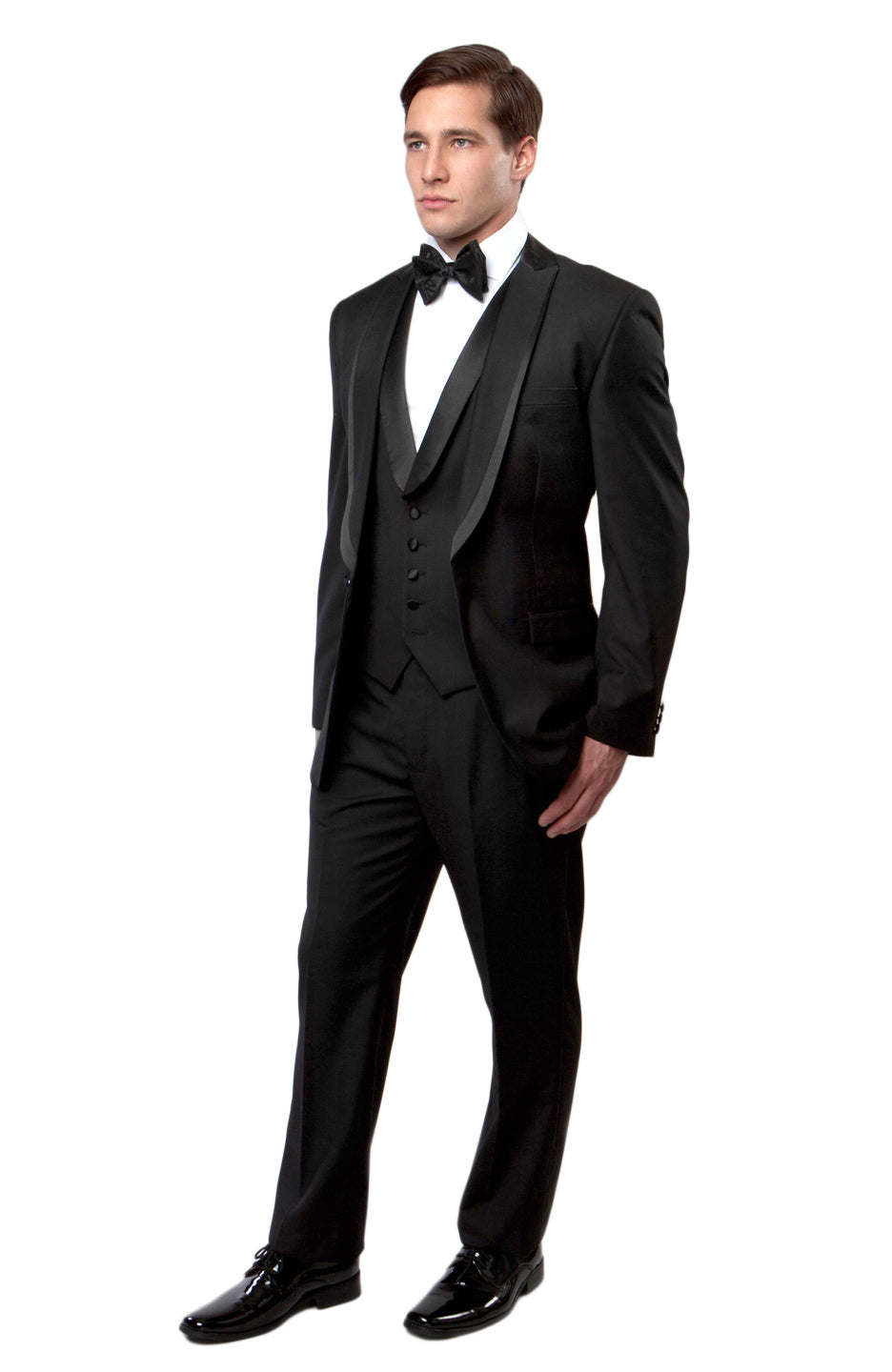 Black / Black Satin Bryan Michaels Shawl Collar Trim/ Peak Lapel Tuxedo Solid Slim Fit Prom Tuxedo For Men MT239S-00 - Hattitude