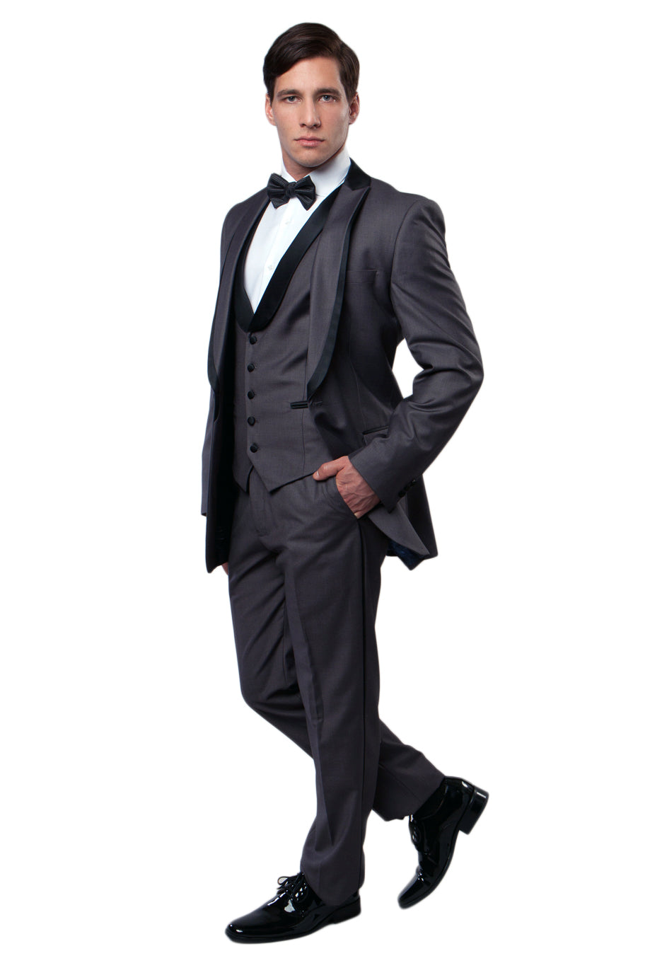 Black / Black Satin Bryan Michaels Shawl Collar Trim/ Peak Lapel Tuxedo Solid Slim Fit Prom Tuxedo For Men MT239S-00 - Hattitude