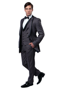 Thumbnail for Black / Black Satin Bryan Michaels Shawl Collar Trim/ Peak Lapel Tuxedo Solid Slim Fit Prom Tuxedo For Men MT239S-00 - Hattitude