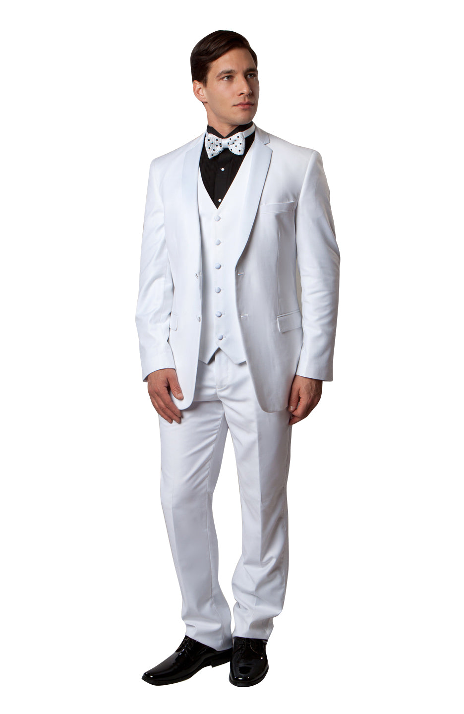 Black / Black Satin Bryan Michaels Solid Notch Lapel Tuxedo Solid Slim Fit Prom Tuxedo For Men MT400-01 - Hattitude