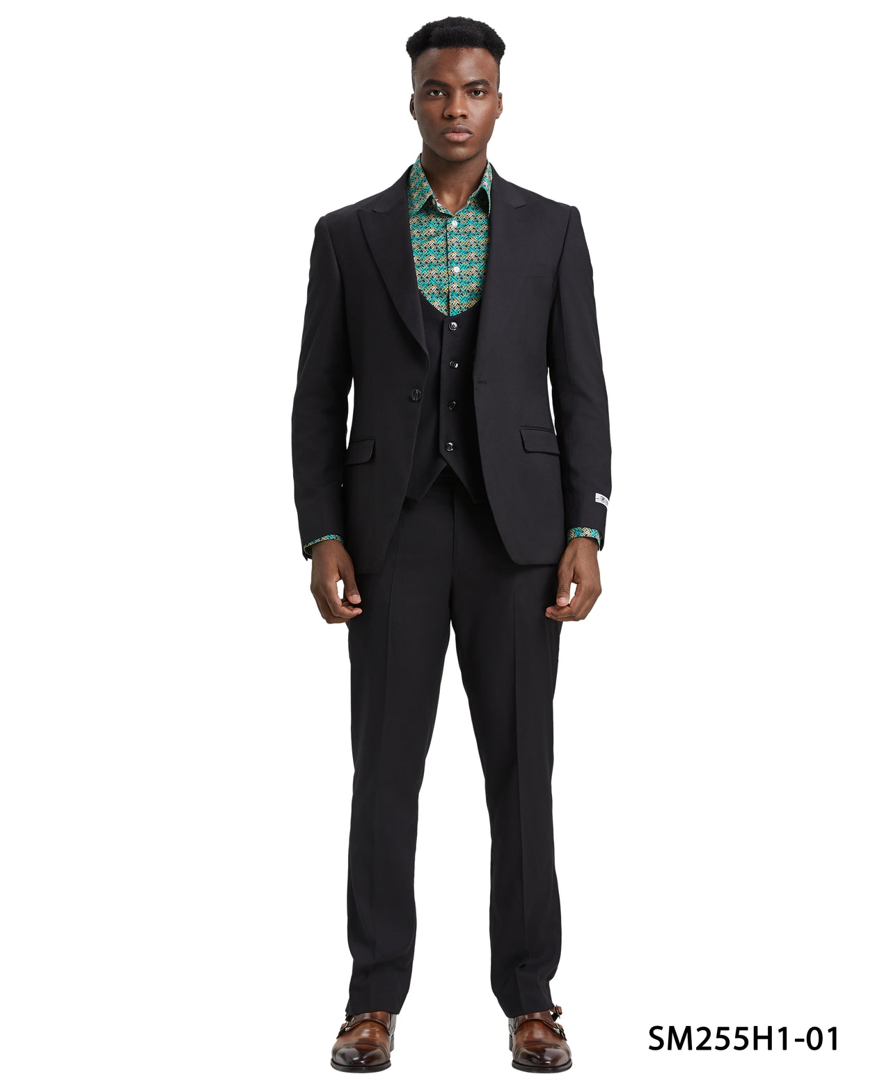 Stacy Adams 3 PC Black Solid w U-Shape Vest Mens Suit - Hattitude